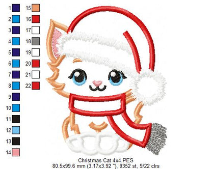Cute Christmas Cat - Applique - Machine Embroidery Design