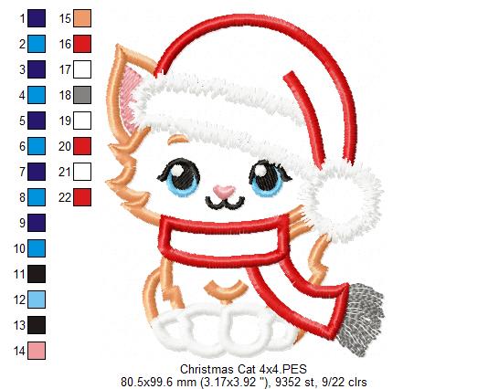 Cute Christmas Cat - Applique - Machine Embroidery Design