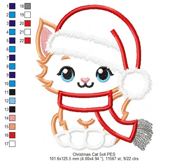 Cute Christmas Cat - Applique - Machine Embroidery Design