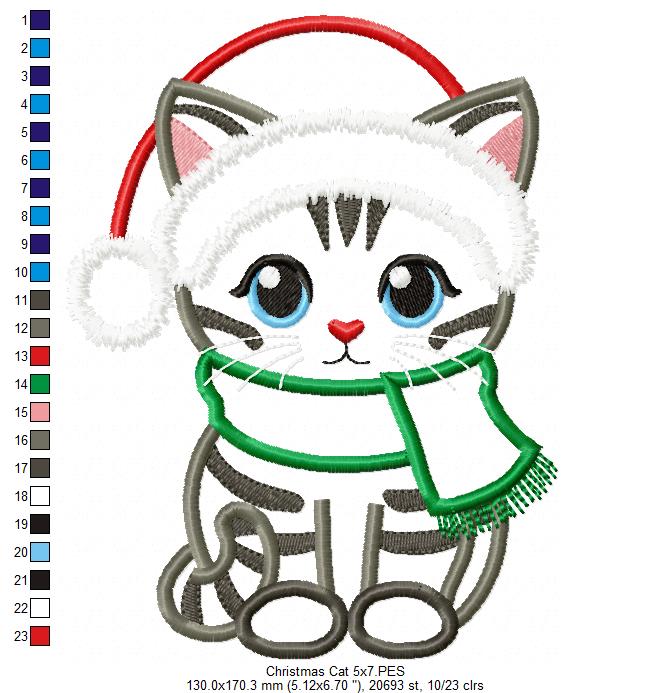 Christmas Cat - Applique - Machine Embroidery Design