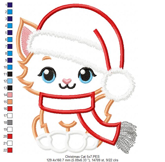 Cute Christmas Cat - Applique - Machine Embroidery Design