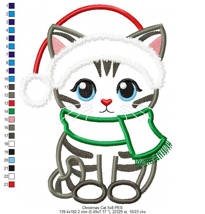 Christmas Cat - Applique - Machine Embroidery Design