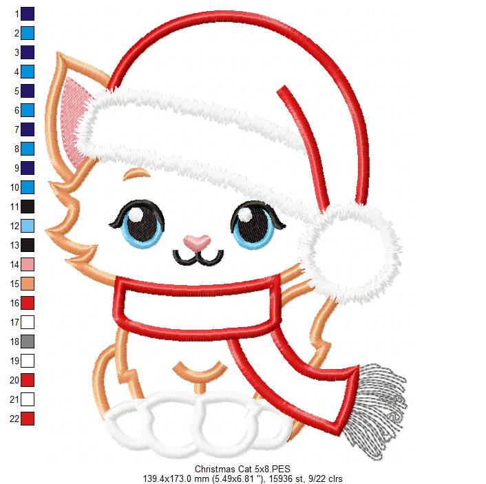 Cute Christmas Cat - Applique - Machine Embroidery Design