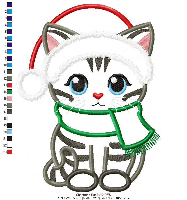 Christmas Cat - Applique - Machine Embroidery Design