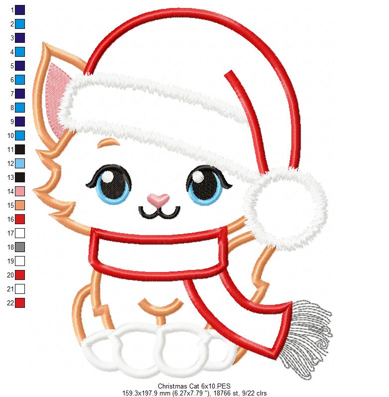 Cute Christmas Cat - Applique - Machine Embroidery Design