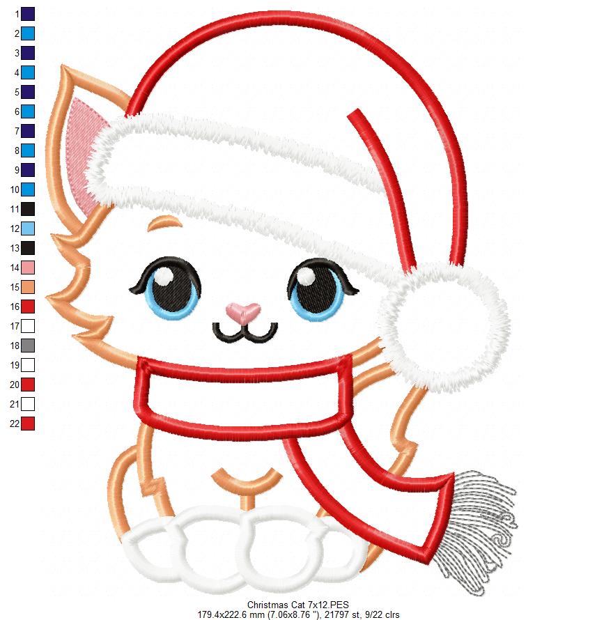 Cute Christmas Cat - Applique - Machine Embroidery Design