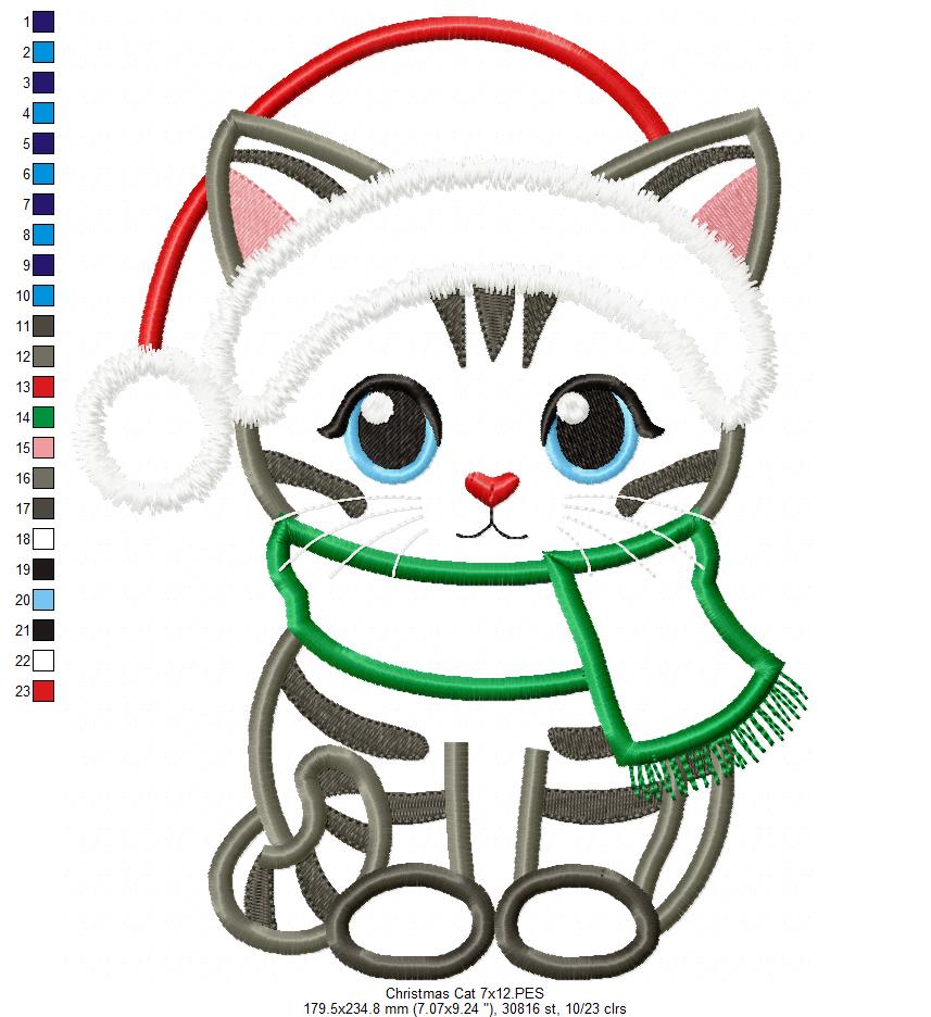 Christmas Cat - Applique - Machine Embroidery Design