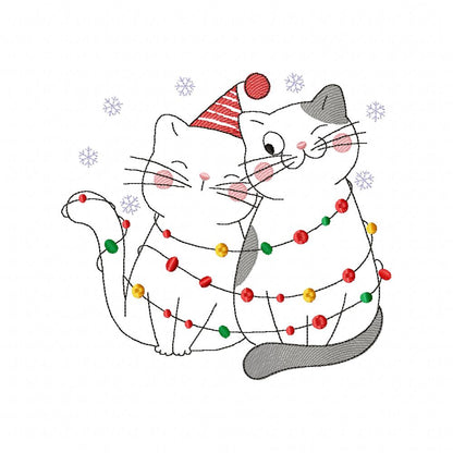 Christmas Lights Cats - Redwork - Machine Embroidery Design