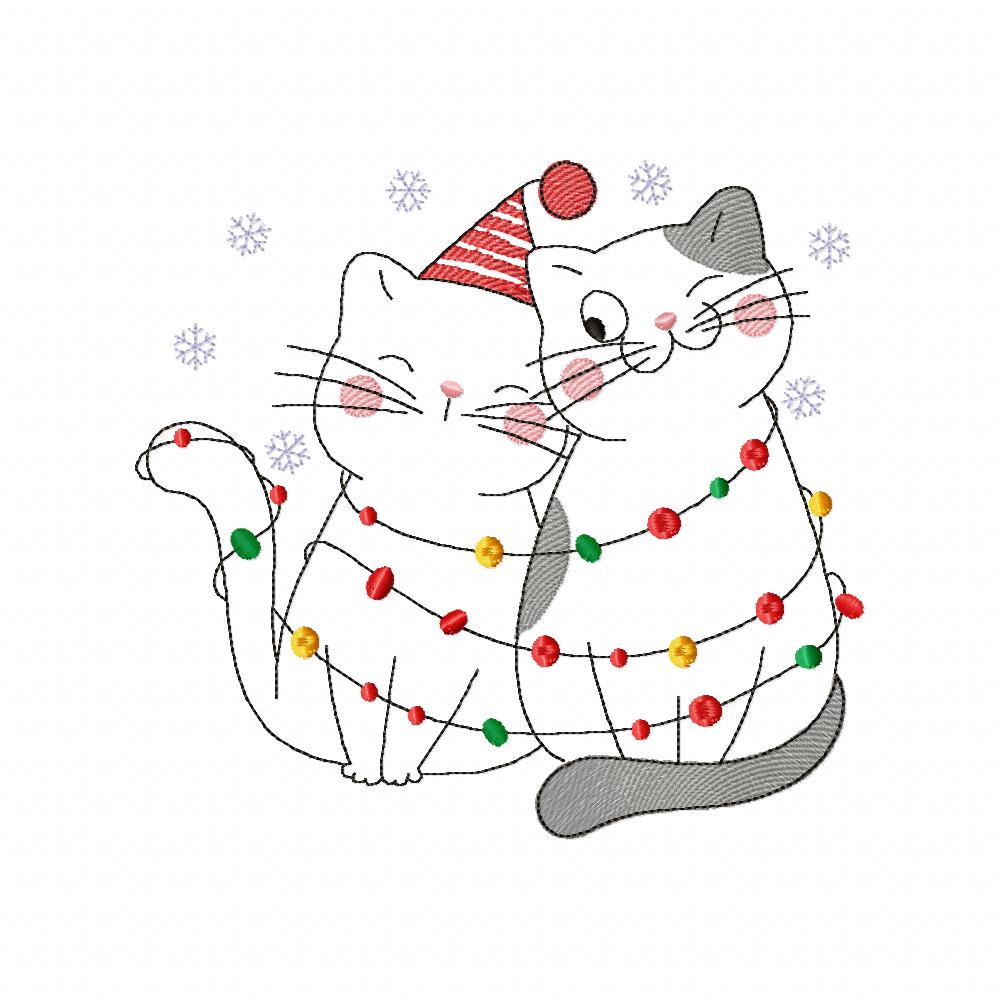 Christmas Lights Cats - Redwork - Machine Embroidery Design