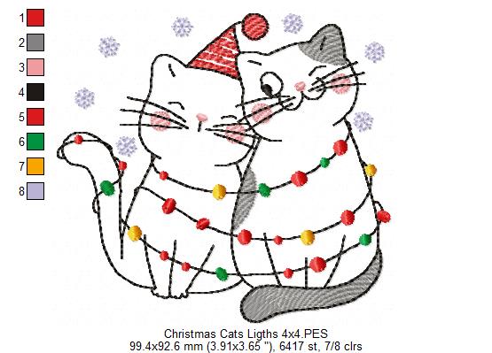 Christmas Lights Cats - Redwork - Machine Embroidery Design