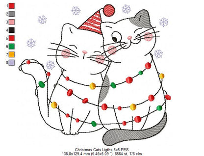 Christmas Lights Cats - Redwork - Machine Embroidery Design