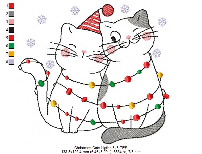 Christmas Lights Cats - Redwork - Machine Embroidery Design