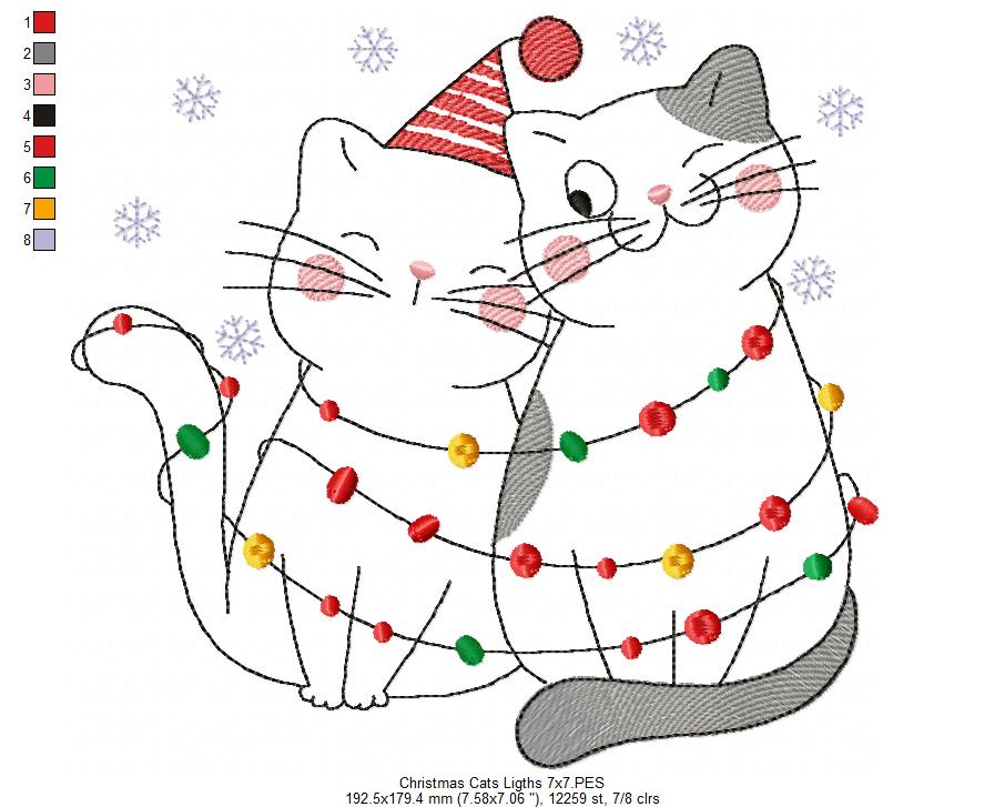 Christmas Lights Cats - Redwork - Machine Embroidery Design