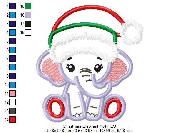 Christmas Elephant - Applique - Machine Embroidery Design