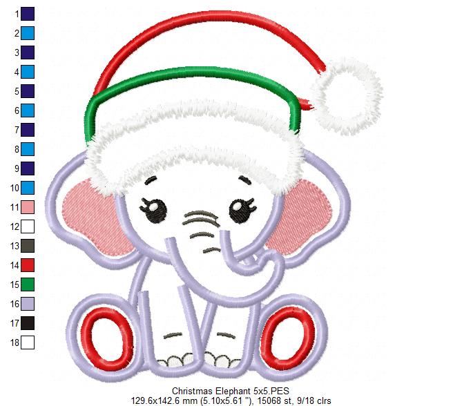 Christmas Elephant - Applique - Machine Embroidery Design