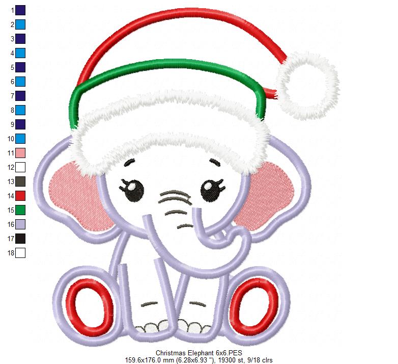 Christmas Elephant - Applique - Machine Embroidery Design