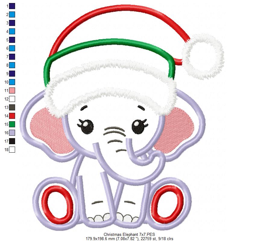 Christmas Elephant - Applique - Machine Embroidery Design