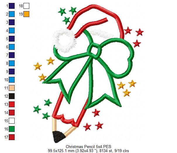 Christmas School Pencil - Applique - Machine Embroidery Design