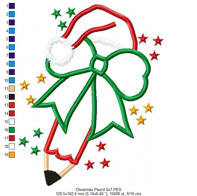 Christmas School Pencil - Applique - Machine Embroidery Design