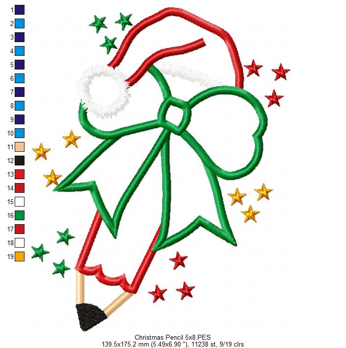 Christmas School Pencil - Applique - Machine Embroidery Design