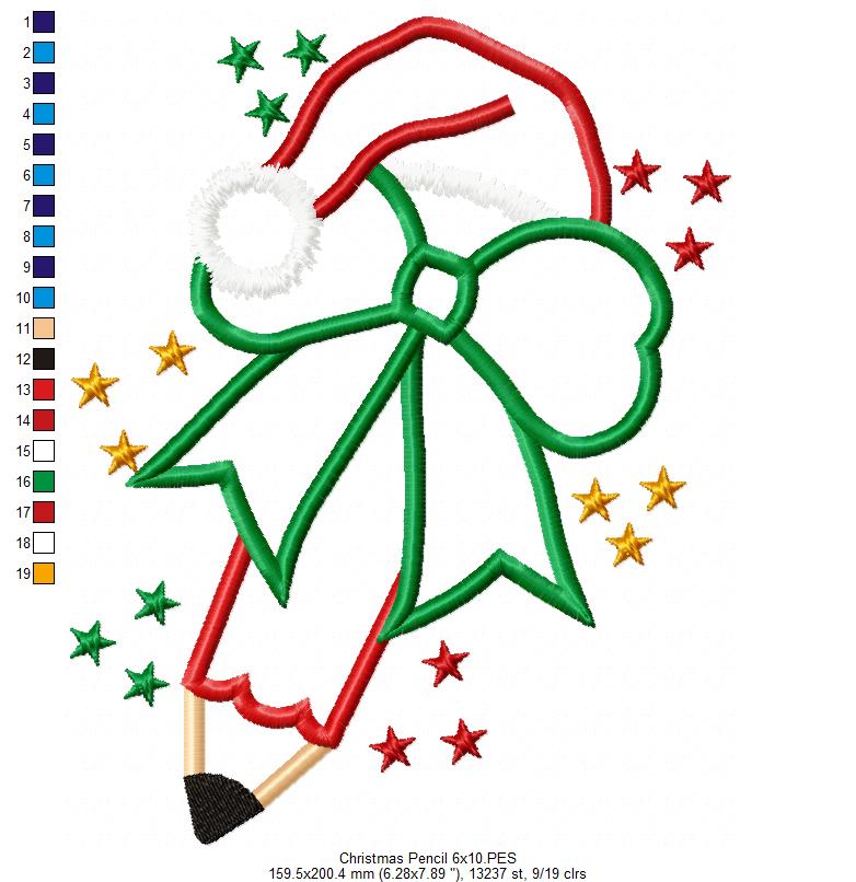 Christmas School Pencil - Applique - Machine Embroidery Design