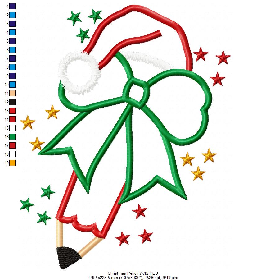 Christmas School Pencil - Applique - Machine Embroidery Design