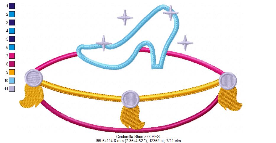 Princess Cinderella Shoe - Applique - Machine Embroidery Design