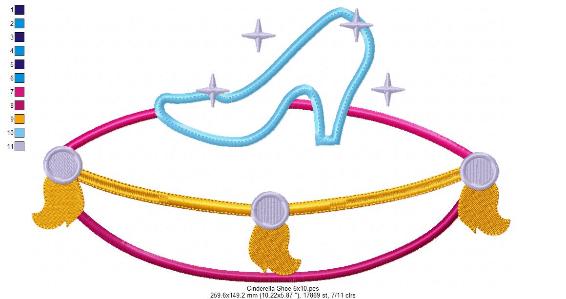 Princess Cinderella Shoe - Applique - Machine Embroidery Design