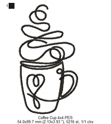 Coffee Cup Line Art - Fill Stitch - Machine Embroidery Design