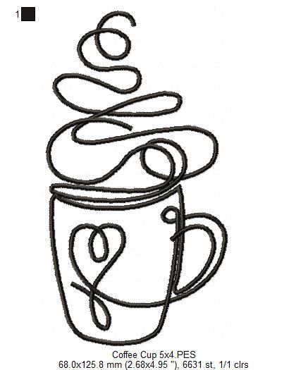 Coffee Cup Line Art - Fill Stitch - Machine Embroidery Design