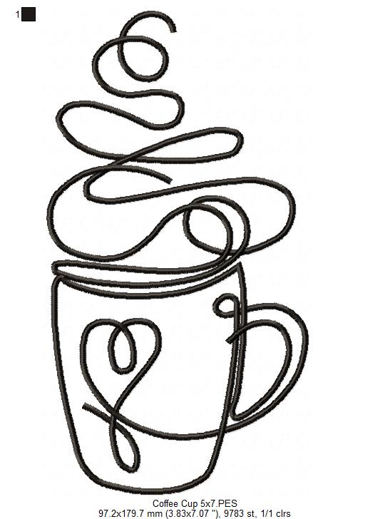 Coffee Cup Line Art - Fill Stitch - Machine Embroidery Design