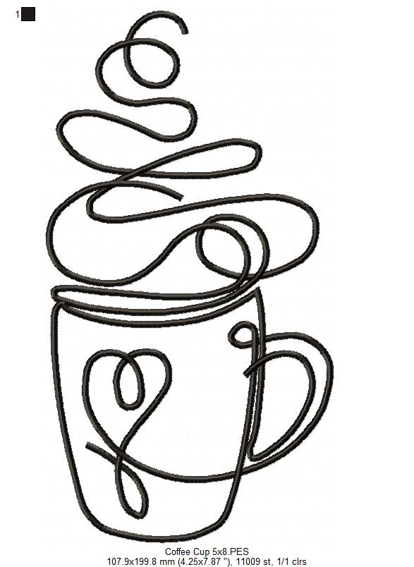 Coffee Cup Line Art - Fill Stitch - Machine Embroidery Design