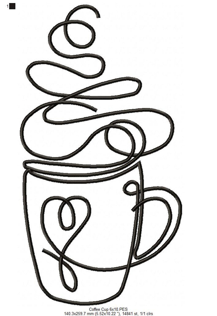 Coffee Cup Line Art - Fill Stitch - Machine Embroidery Design