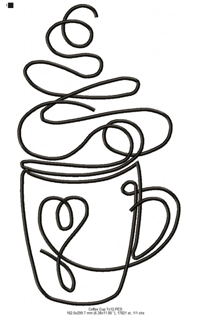 Coffee Cup Line Art - Fill Stitch - Machine Embroidery Design