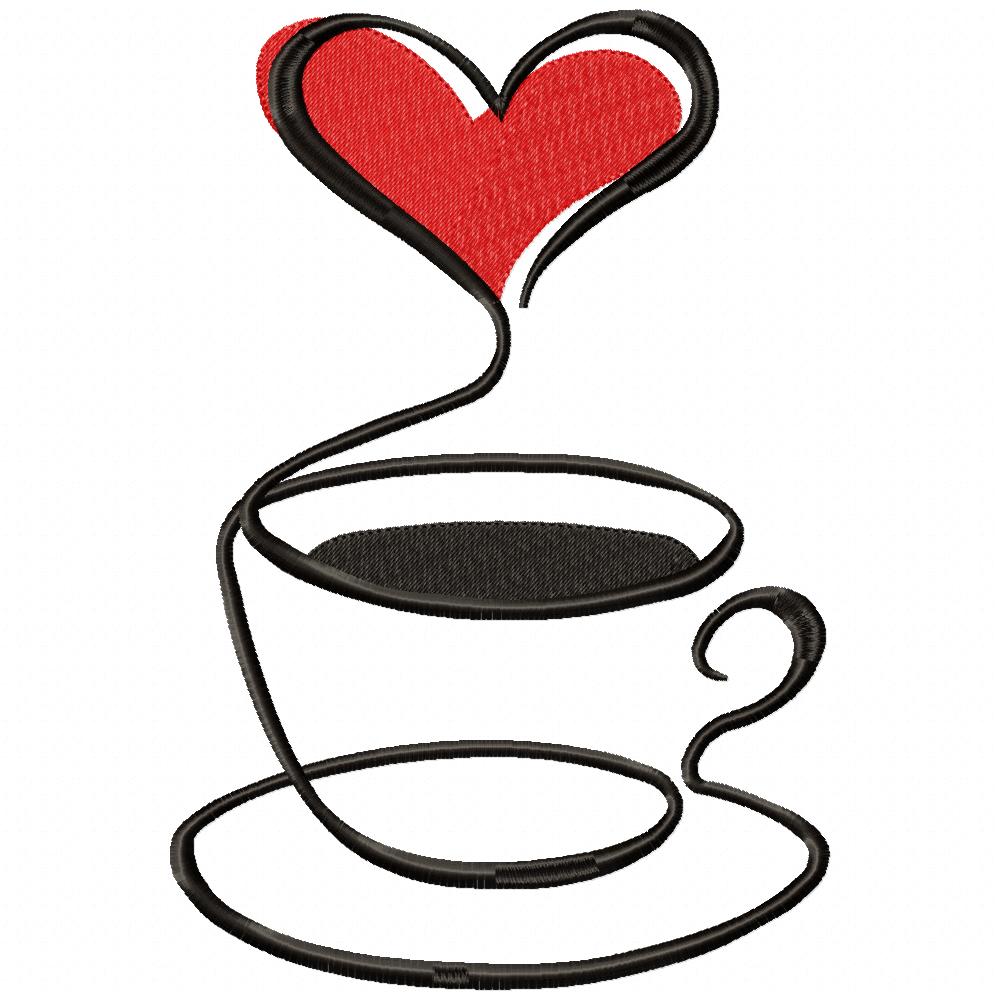 Coffee Cup Heart Line Art - Fill Stitch - Machine Embroidery Design