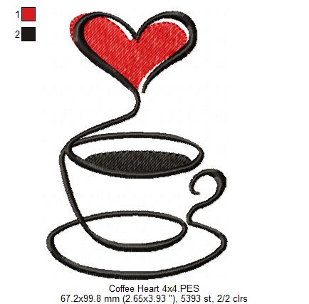 Coffee Cup Heart Line Art - Fill Stitch - Machine Embroidery Design