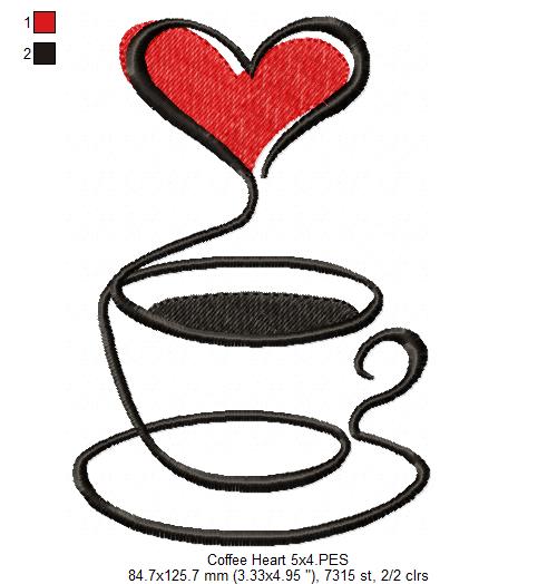 Coffee Cup Heart Line Art - Fill Stitch - Machine Embroidery Design