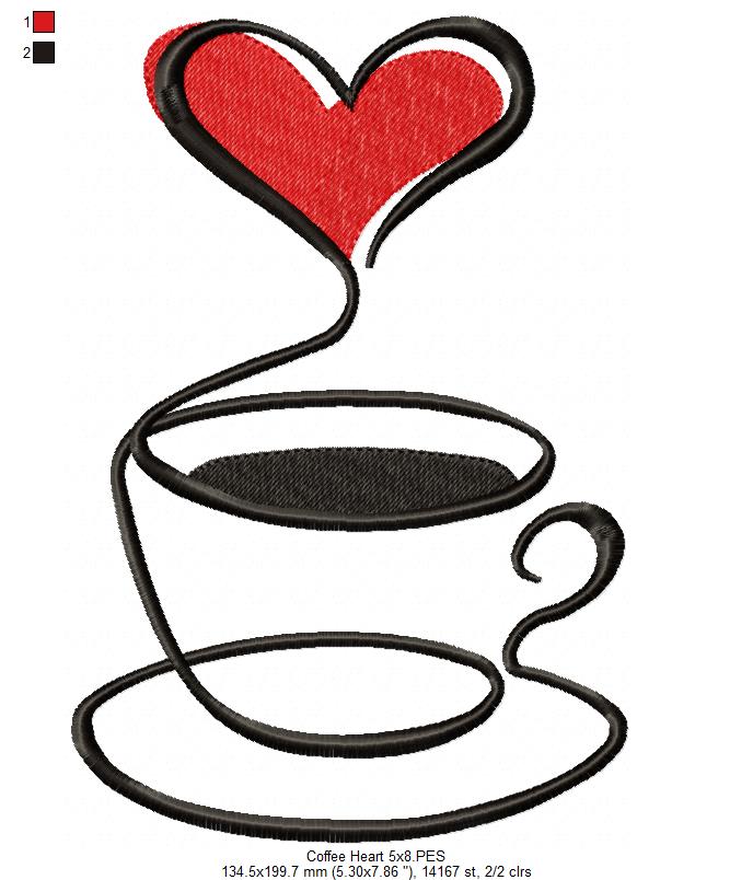 Coffee Cup Heart Line Art - Fill Stitch - Machine Embroidery Design
