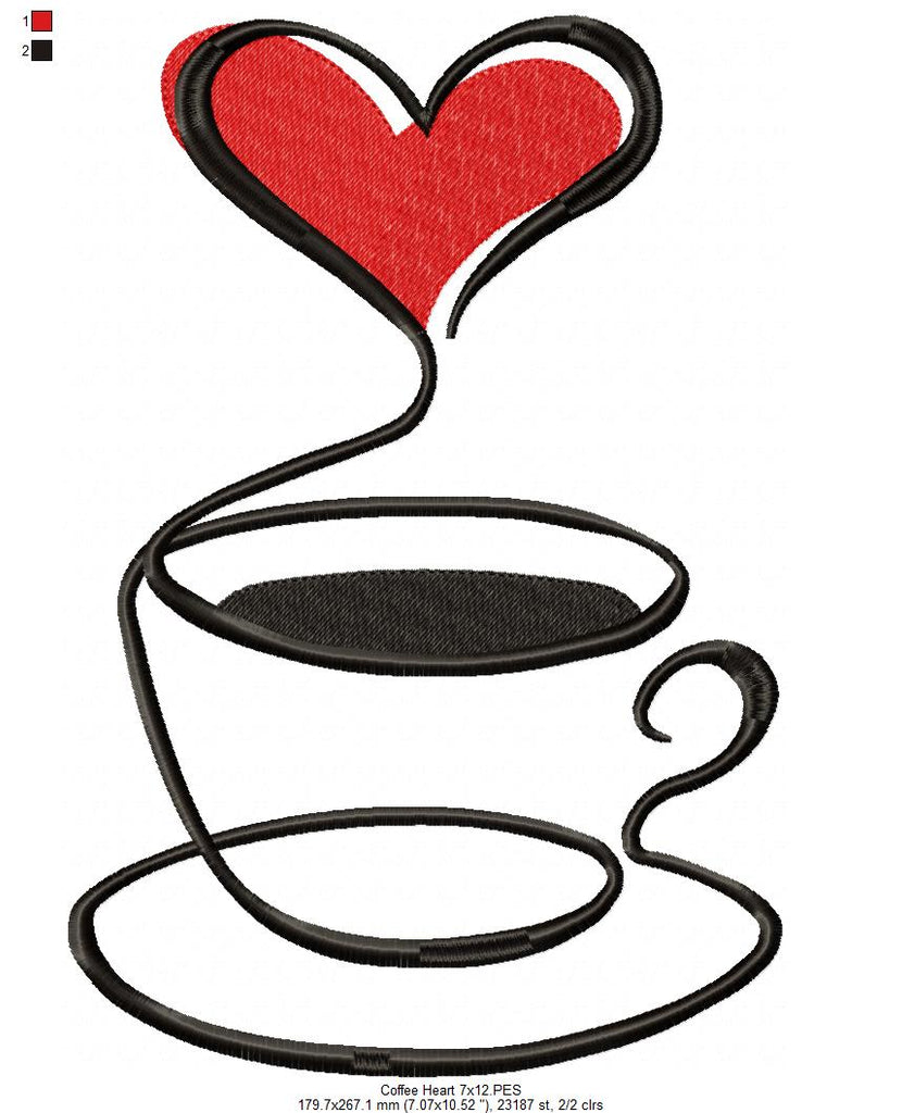 Coffee Cup Heart Line Art - Fill Stitch - Machine Embroidery Design