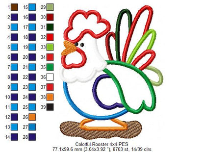 Colorful Rooster - Applique - Machine Embroidery Design
