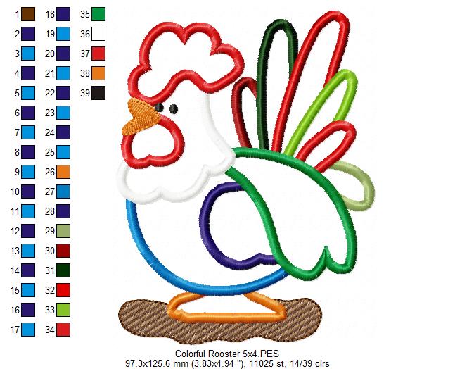 Colorful Rooster - Applique - Machine Embroidery Design