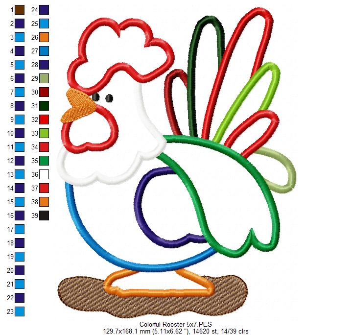 Colorful Rooster - Applique - Machine Embroidery Design