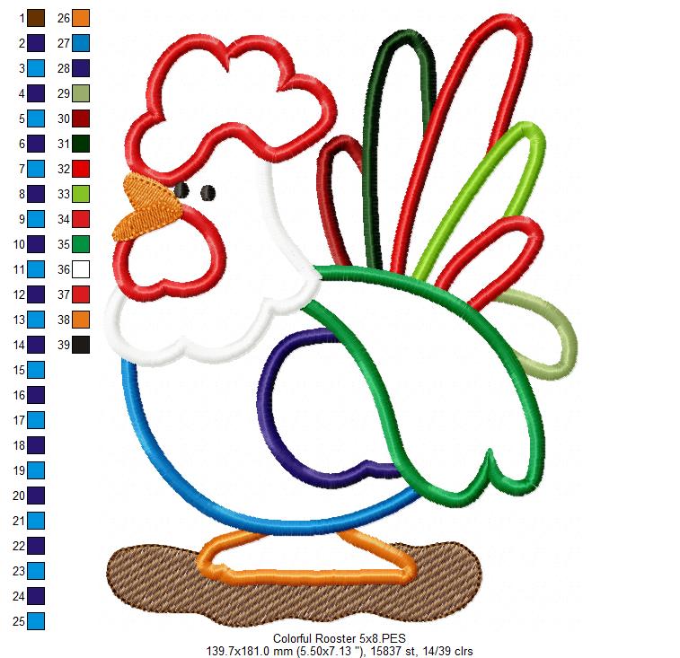 Colorful Rooster - Applique - Machine Embroidery Design