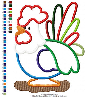 Colorful Rooster - Applique - Machine Embroidery Design