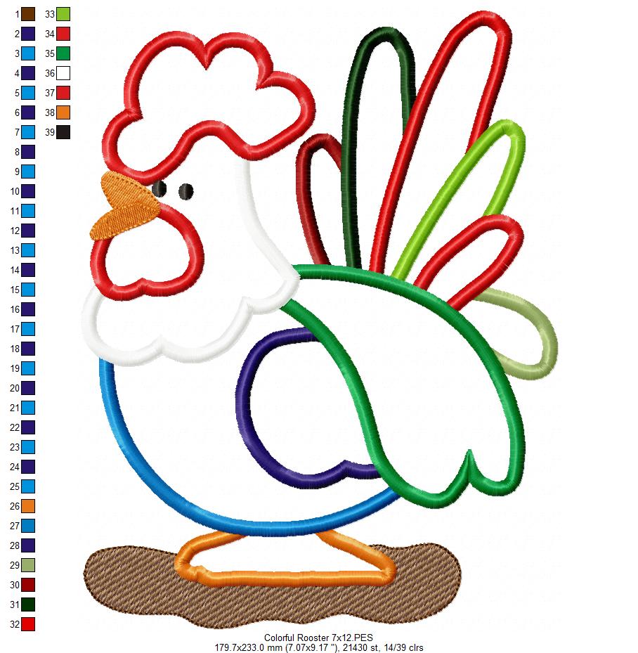 Colorful Rooster - Applique - Machine Embroidery Design