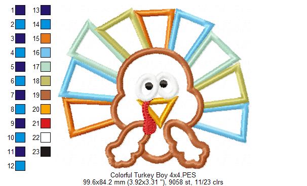 Thanksgiving Colorful Turkey Boy - Applique Embroidery