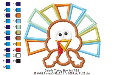 Thanksgiving Colorful Turkey Boy and Girl - Set of 2 Designs - Applique Embroidery