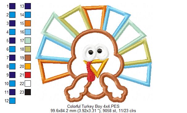 Thanksgiving Colorful Turkey Boy and Girl - Set of 2 Designs - Applique Embroidery