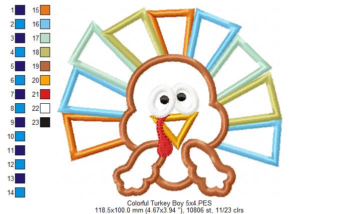 Thanksgiving Colorful Turkey Boy - Applique Embroidery