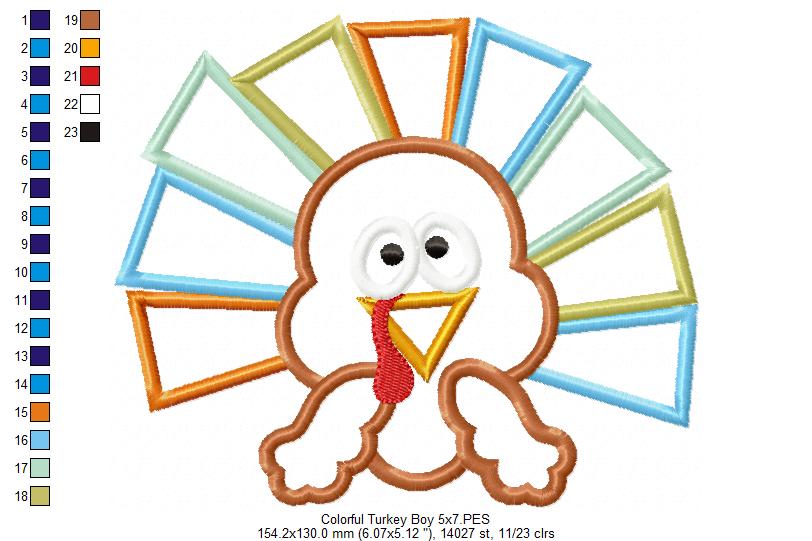 Thanksgiving Colorful Turkey Boy - Applique Embroidery
